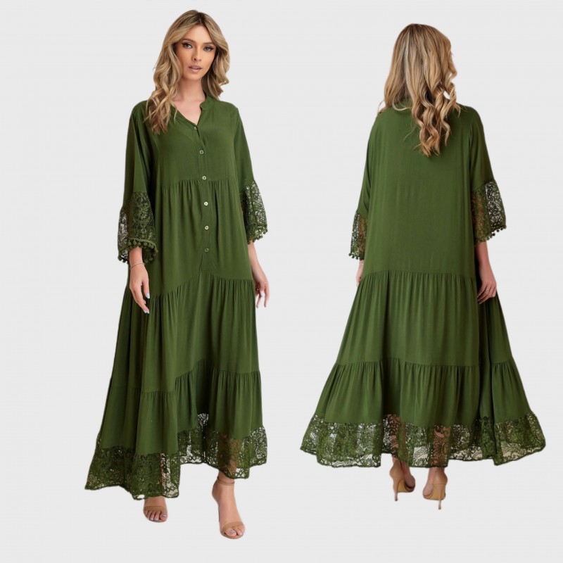 Rochie lunga verde,  stilizata cu volane si dantela brodata - Larisa 04