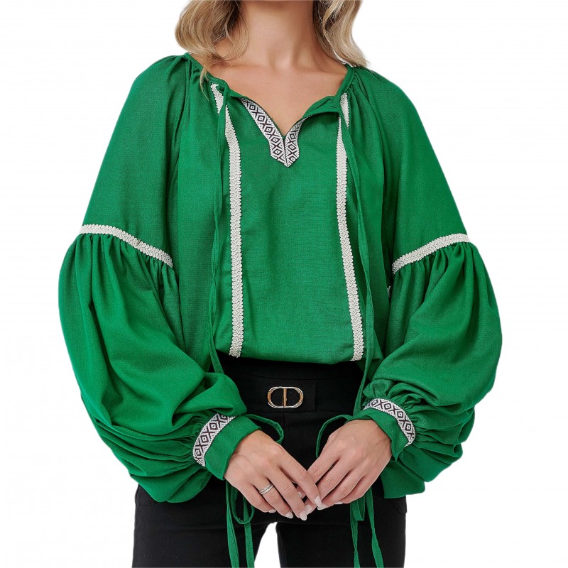 IE Traditional verde, modern stilizta din in natural 100%, stilizata cu maneci bufante - Valentina