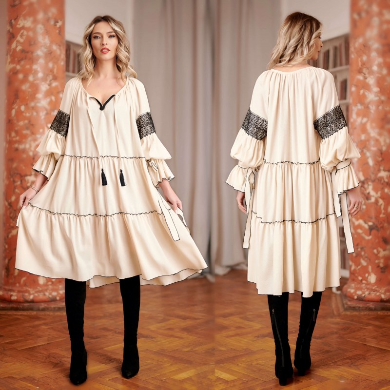 copy of Rochie crem din in natural, tip IE Traditionala cu volane - Nicolle