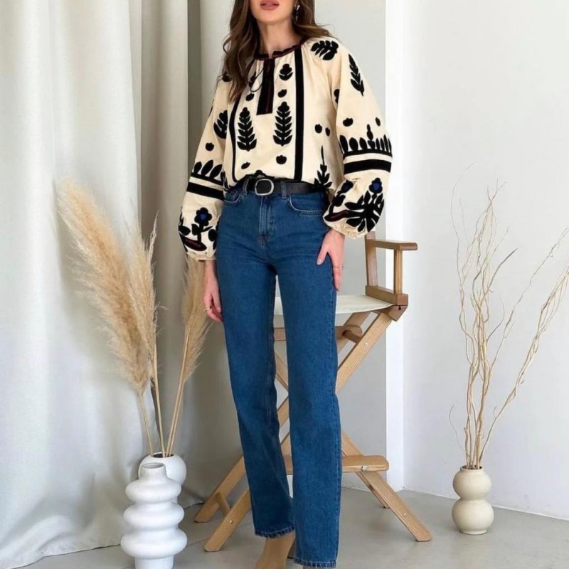 IE Nationala tip ie traditionala crem cu maneca bufanta si broderie neagra - Monica crem