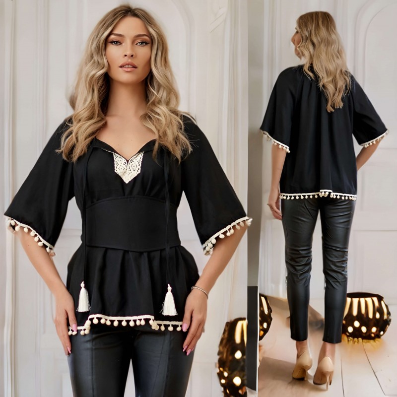 Bluza neagra tip ie traditionala moderna cu brau inclus si ciucuri - Iulia 05