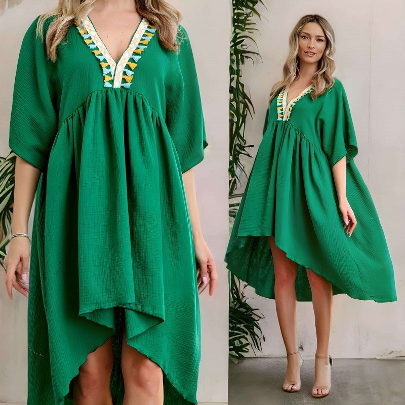 Rochie din panza topita verde cu croi modern si ciucuri - Maria 01