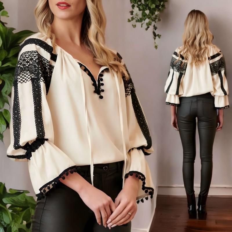 IE Nationala crem din panza de in natural,  cu dantela neagra traditionala crosetata - Valeria