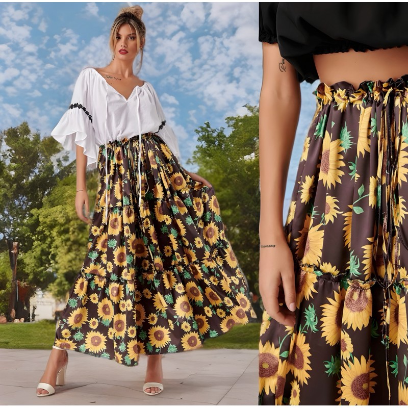 Fusta lunga cu imprimeu floral floarea soarelui