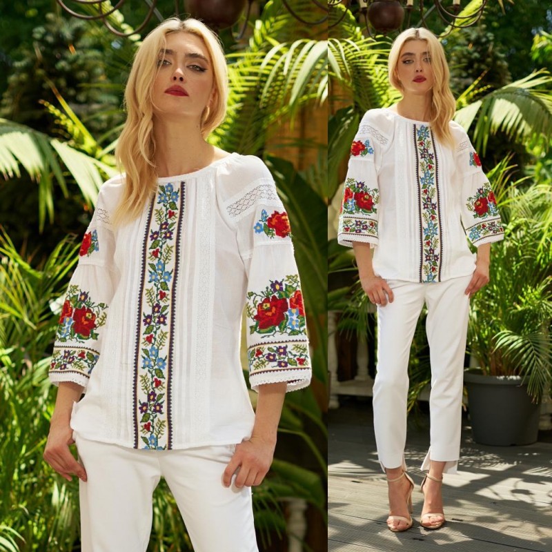 Bluza tip ie alba cu dantela si flori brodate - Livia 02