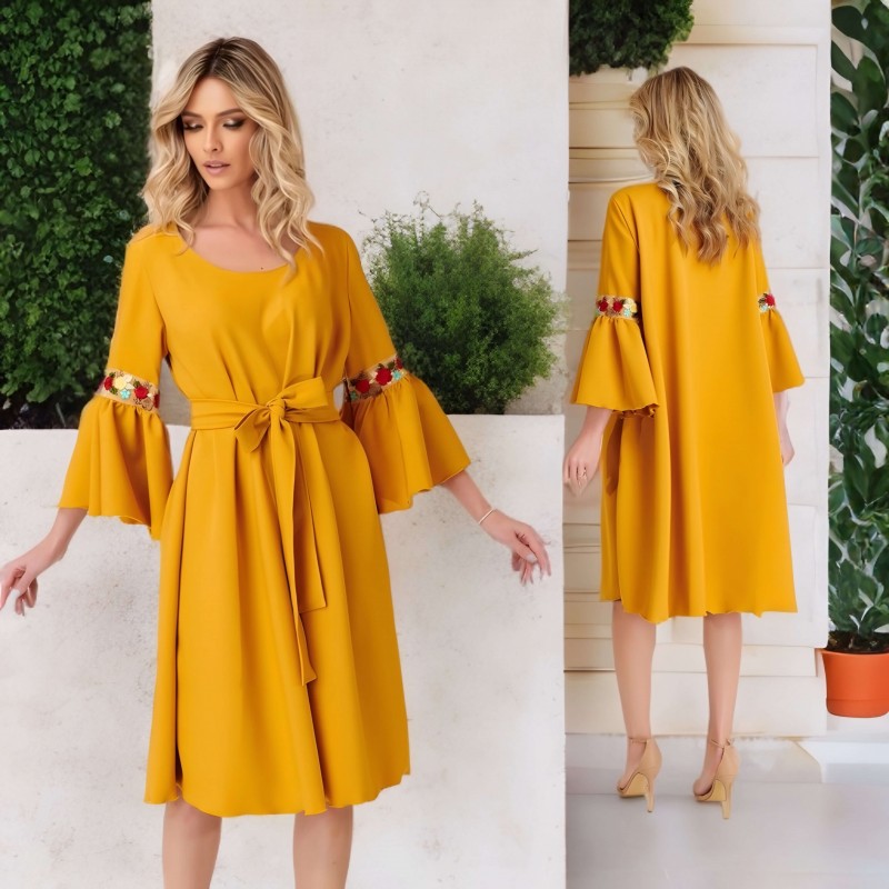 Rochie galbena cu broderie florala si maneci evazate - Silvia