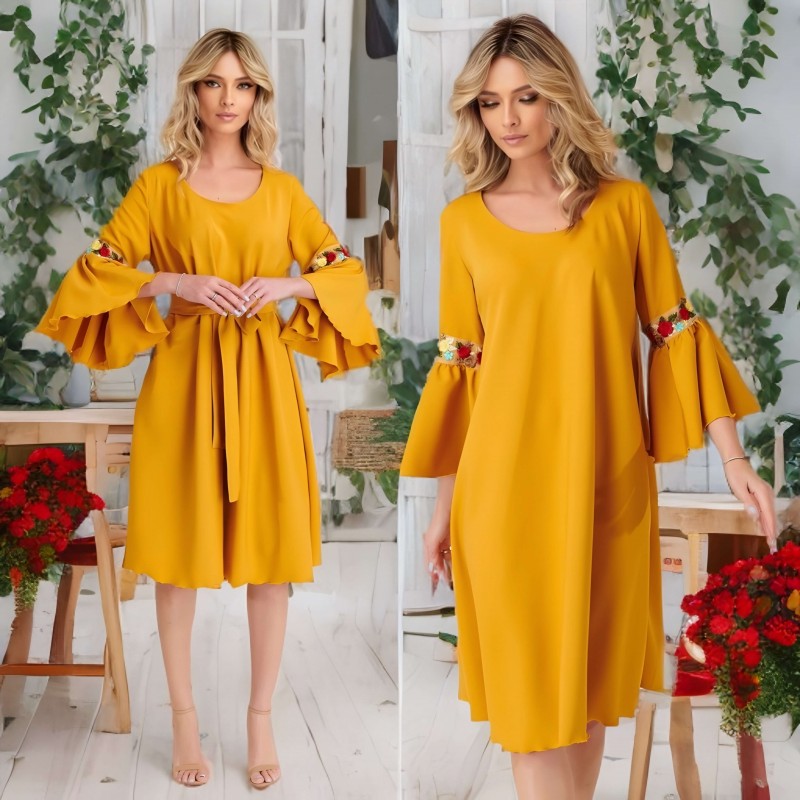 Rochie galbena cu broderie florala si maneci evazate - Silvia