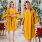 Rochie galbena cu broderie florala si maneci evazate - Silvia Rochie galbena cu broderie florala si maneci evazate - Silvia