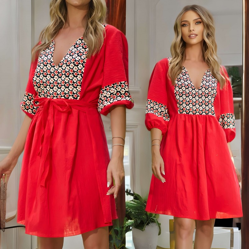 Rochie - Tunica rosie din panza topita cu flori - Adela 01