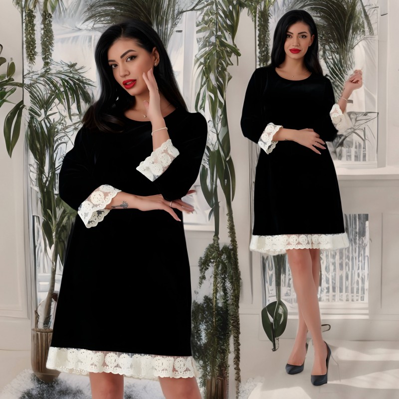 Rochie neagra din catifea cu dantela brodata - Paula 02