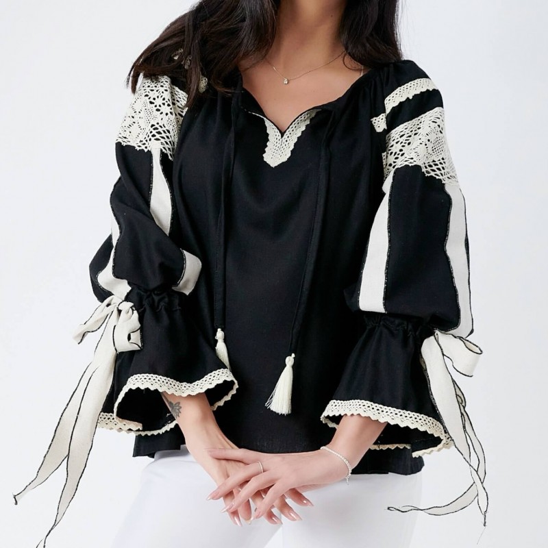 IE Nationala neagra din panza de in natural, cu dantela traditionala crosetata - Valeria 04