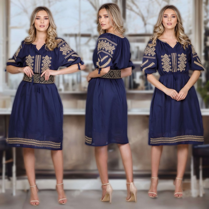 Rochie Traditionala bleumarin Brodata - Ramona