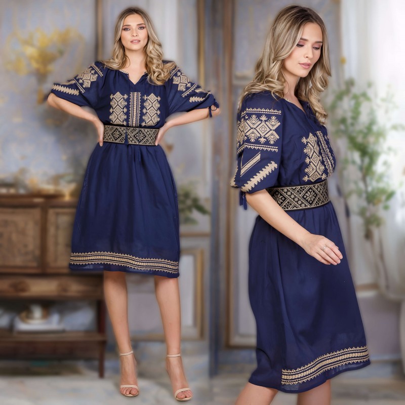 Rochie Traditionala bleumarin Brodata - Ramona