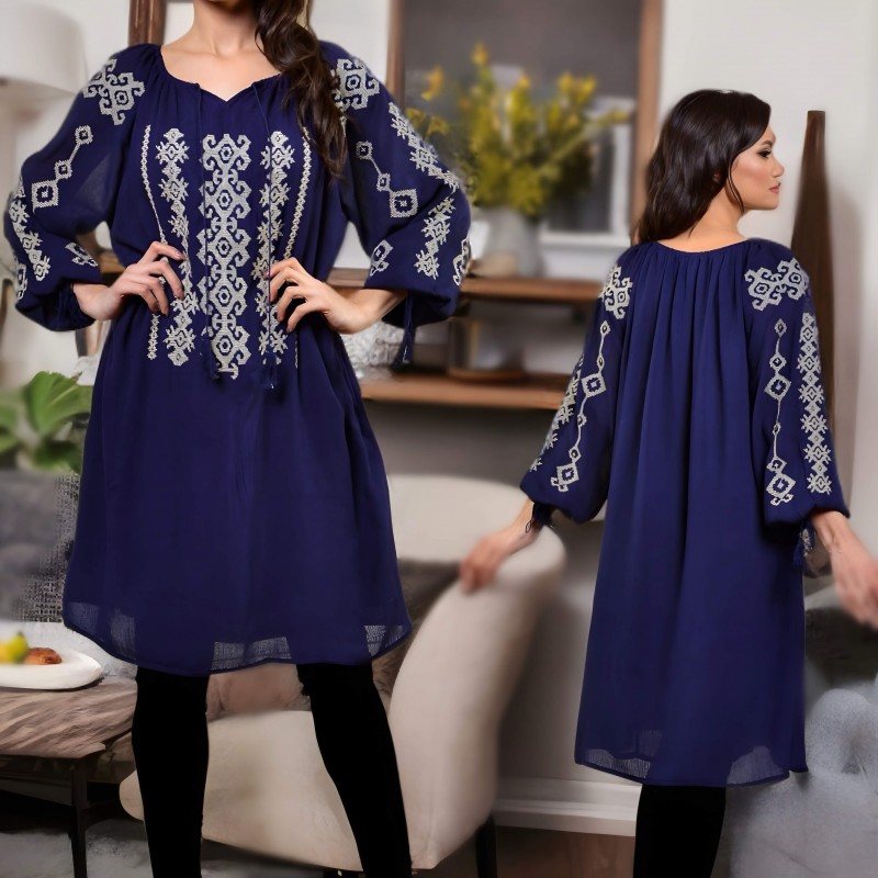 Rochie brodata bleumarin - Sabrina 02