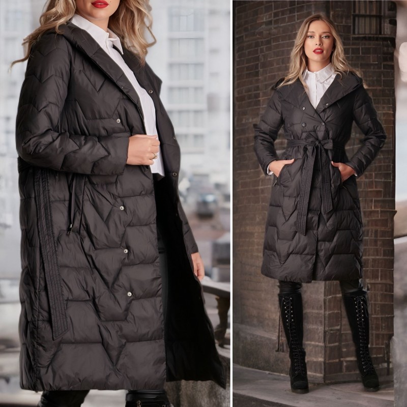 Geaca neagra lunga cu cordon in talie - Iulia