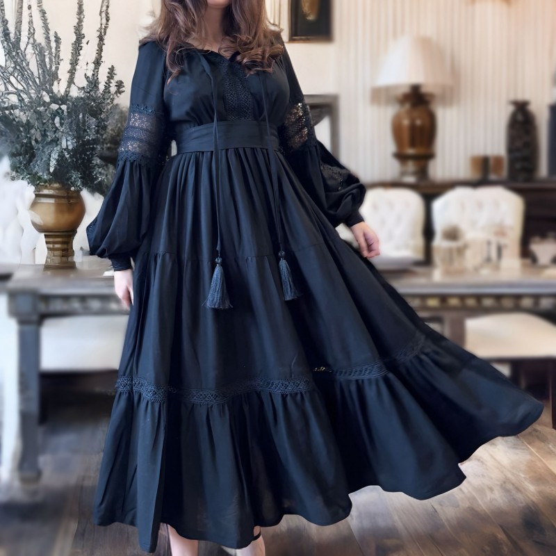 Rochie Nationala neagra din in natural, cu maneci ample si dantela - Alma 02