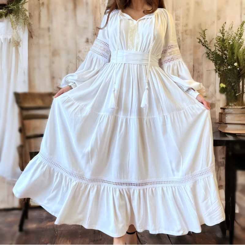 Rochie Nationala alba din in natural, cu maneci ample si dantela