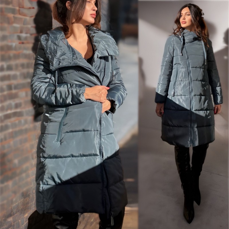 Geaca lunga de iarna turcoaz, cu buzunare si gluga - Tania