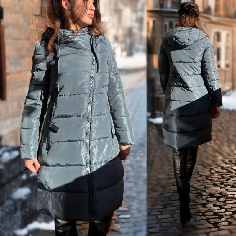 Geaca lunga de iarna turcoaz, cu buzunare si gluga