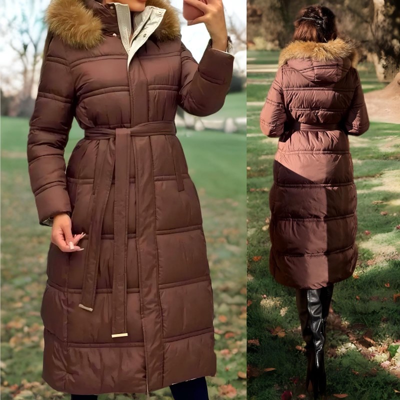 Geaca maro, lunga, groasa pentru iarna cu blana naturala - Catalina 02