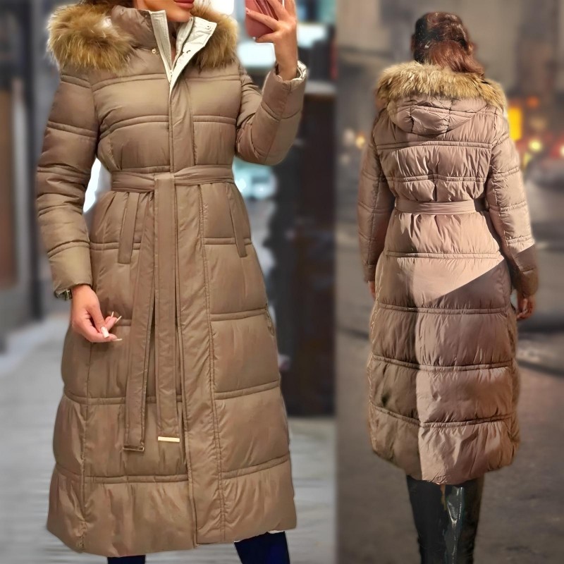 Geaca crem, lunga, groasa pentru iarna cu blana naturala - Catalina 03