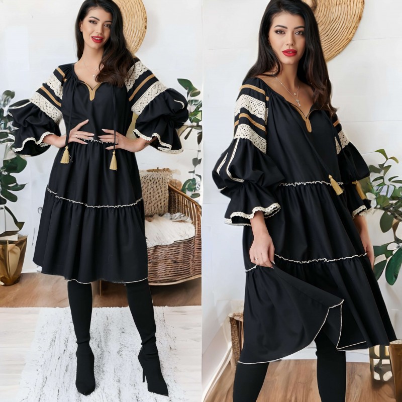 Rochie Nationala neagra din in natural 100%, cu maneci ample - Elisabeta