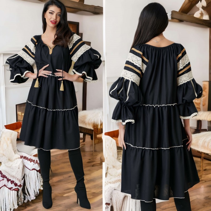 Rochie Nationala neagra din in natural 100%, cu maneci ample - Elisabeta