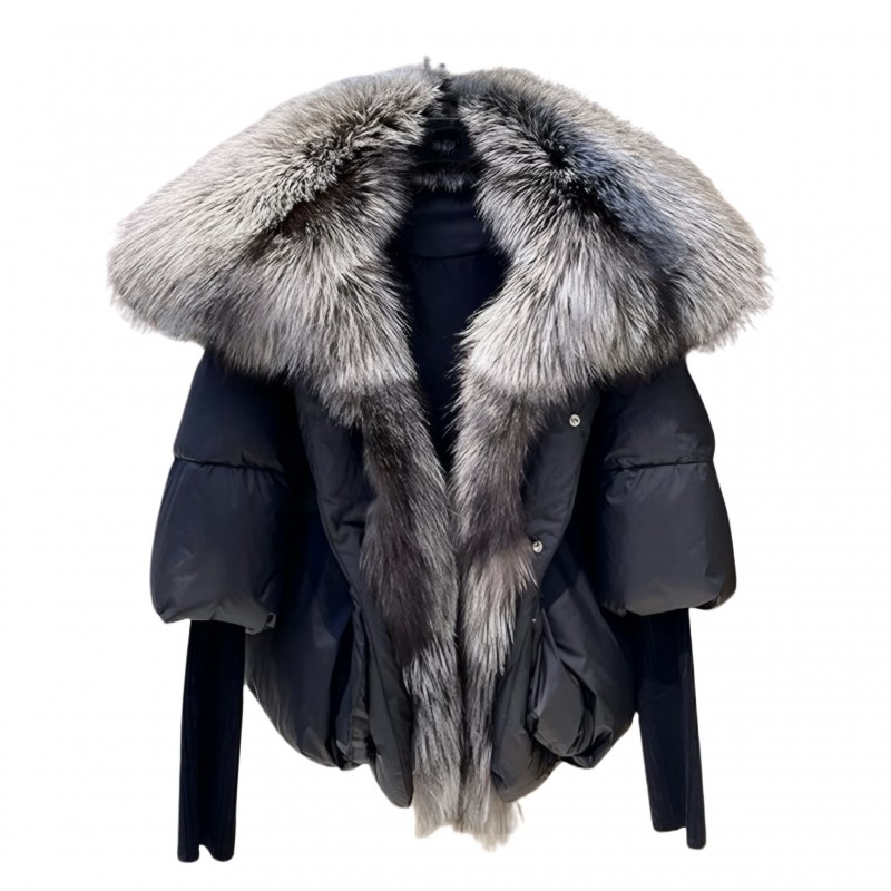 Geaca neagra cu blana naturala si maneci tricotate