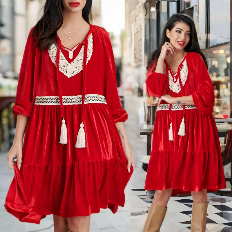 Rochie rosie din catifea cu croi vaporos - Elena rosu 03