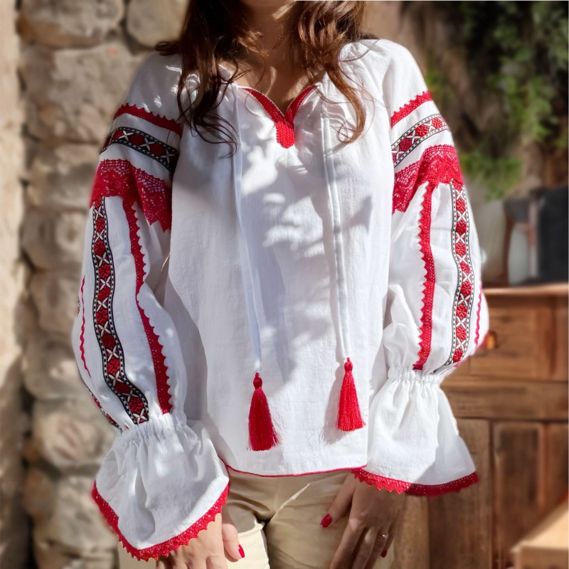 IE Nationala alba din panza de bumbac si dantela rosie - Diana 04