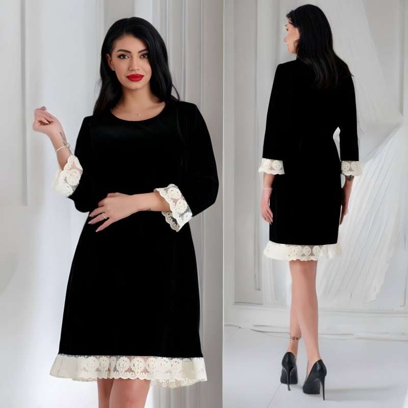 Rochie neagra din catifea cu dantela brodata - Paula 02