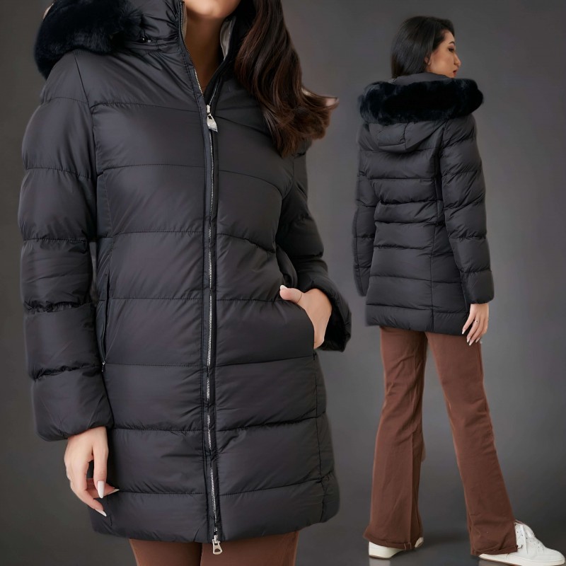 Geaca groasa neagra, lunga cu buzunare si gluga - Nora