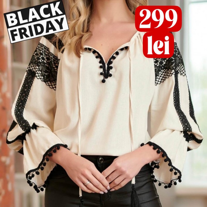 IE Nationala crem din panza de in natural, cu dantela traditionala crosetata