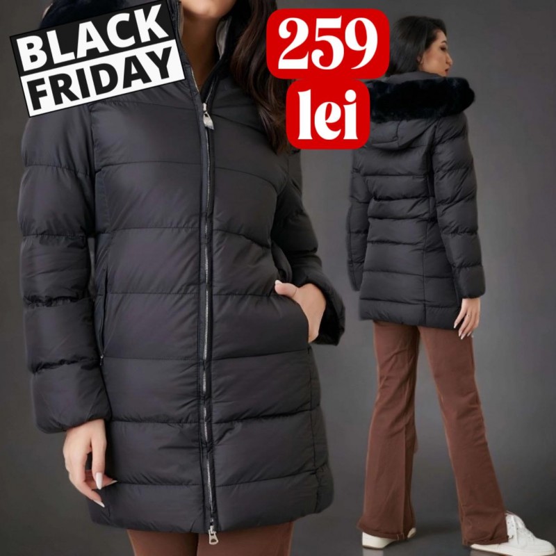 Geaca groasa neagra, lunga cu buzunare si gluga - Nora