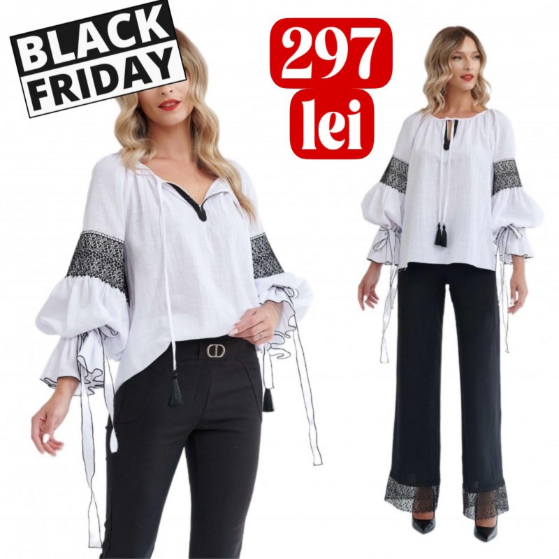 IE Nationala alba, din panza topita cu maneci clopot si dantela brodata