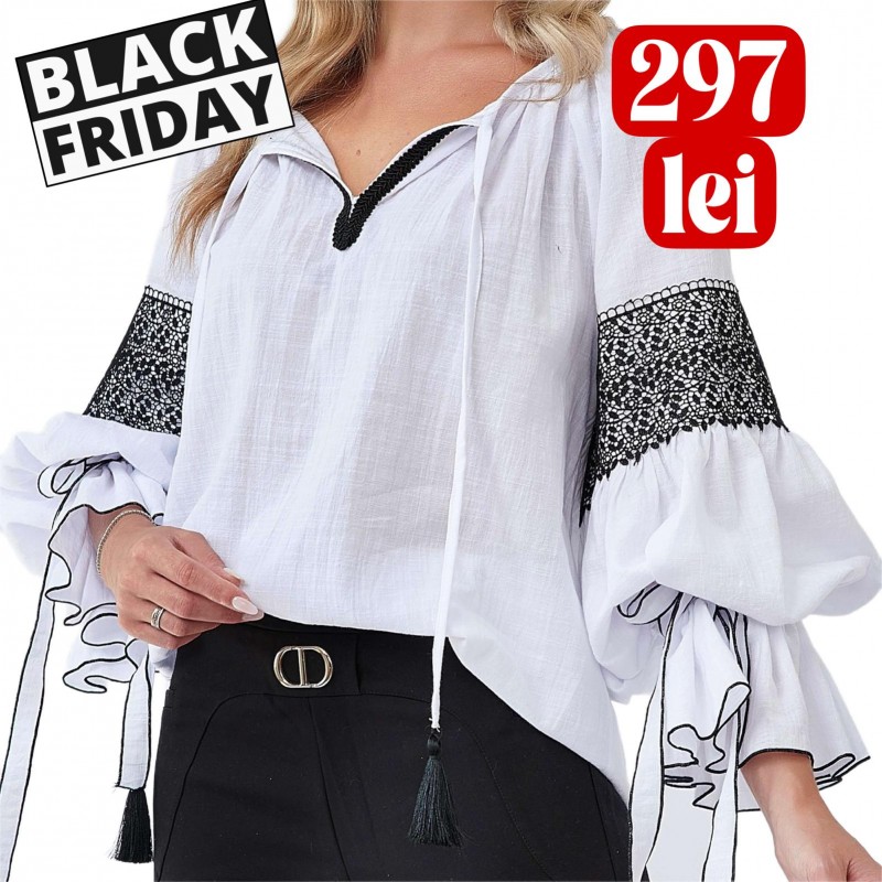 IE Nationala alba, din panza topita cu maneci clopot si dantela brodata - Nicolle