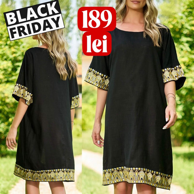 Rochie brodata din panza de in natural neagra - Vica 01