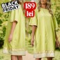 Rochie brodata din panza de in natural verde crud - Vica 02