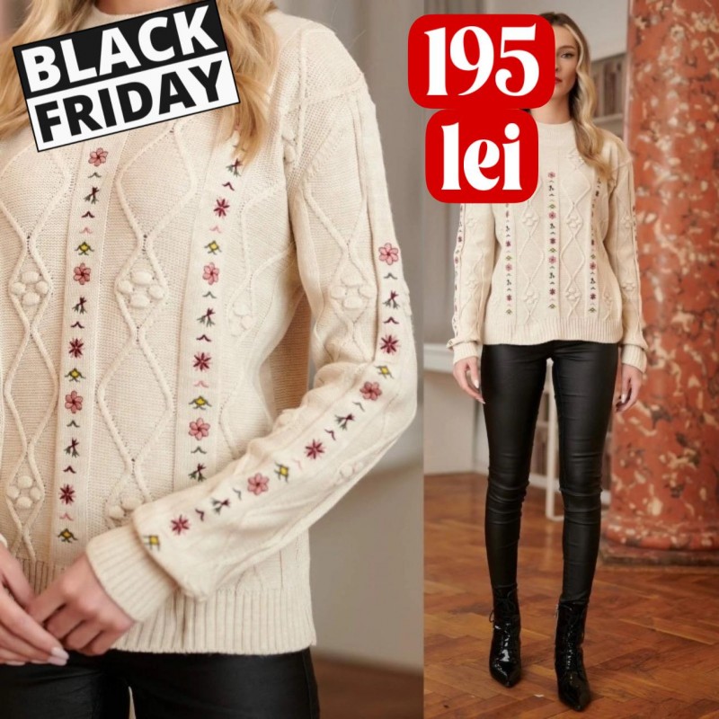 Pulover brodat, crem din tricot si broderie florala
