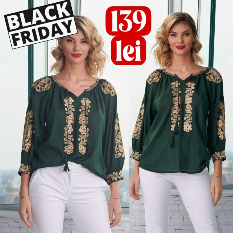 Bluza brodata verde cu flori aurii