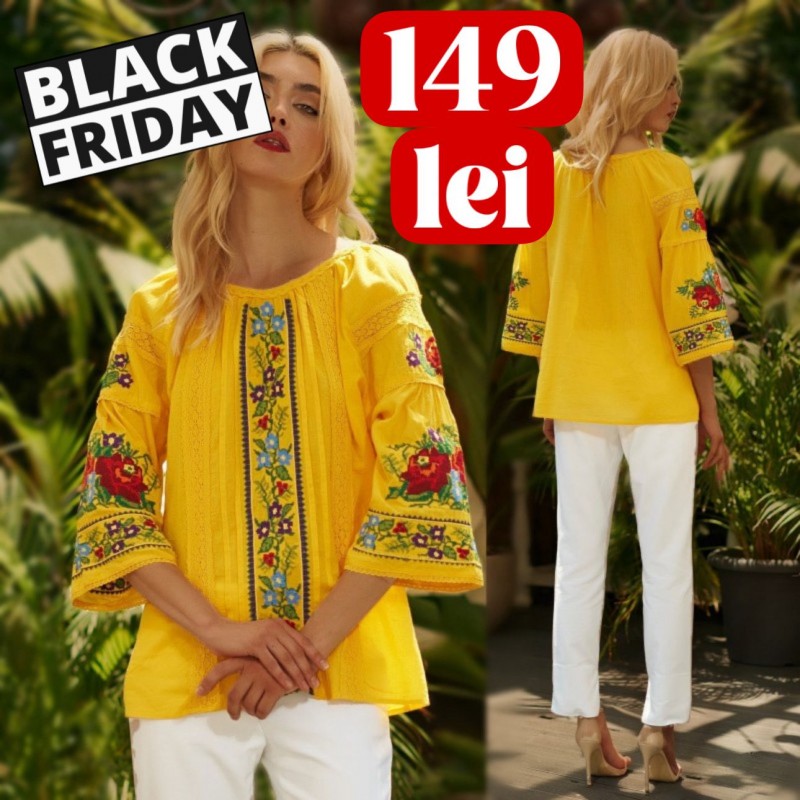 Bluza tip ie traditionala galbena cu dantela si flori brodate