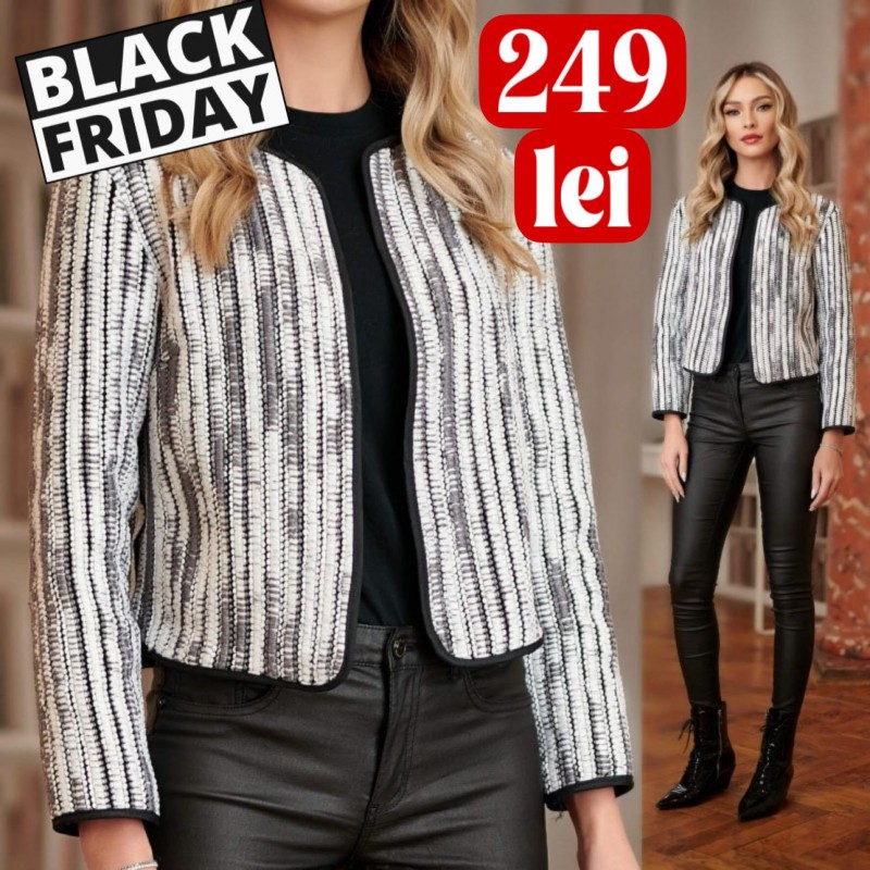 Sacou scurt din stofa tesuta de culoare alba si gri