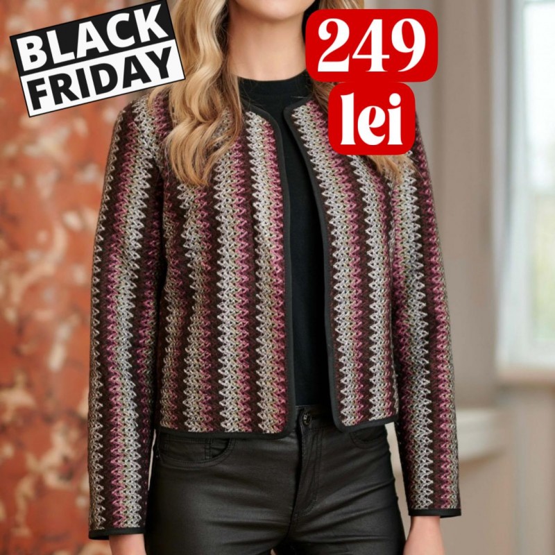 Sacou scurt din stofa cu model tesut roz si gri