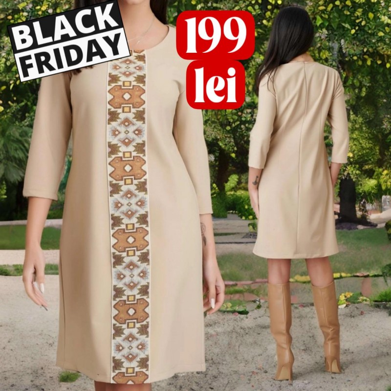 Rochie crem cu model traditional tesut si croi drept