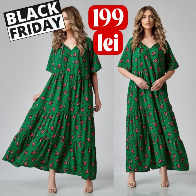 Rochie Nationala lunga verde cu imprimeu floral, croi lejer
