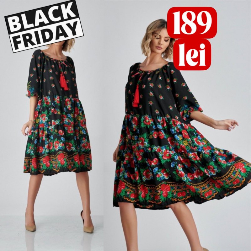 Rochie Nationala neagra cu print floral