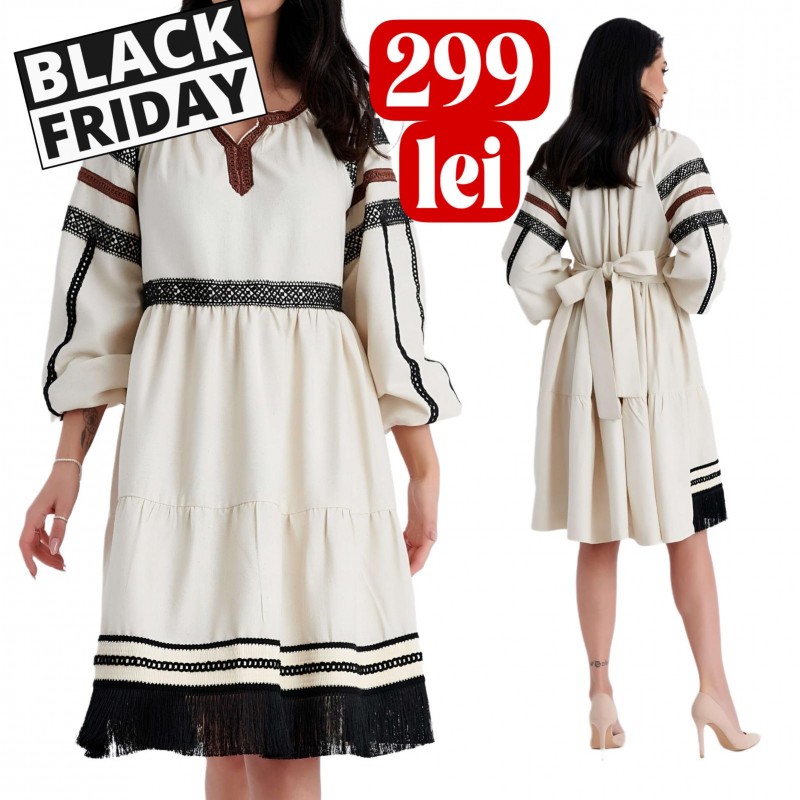 Rochie Nationala din in natural crem cu cordon