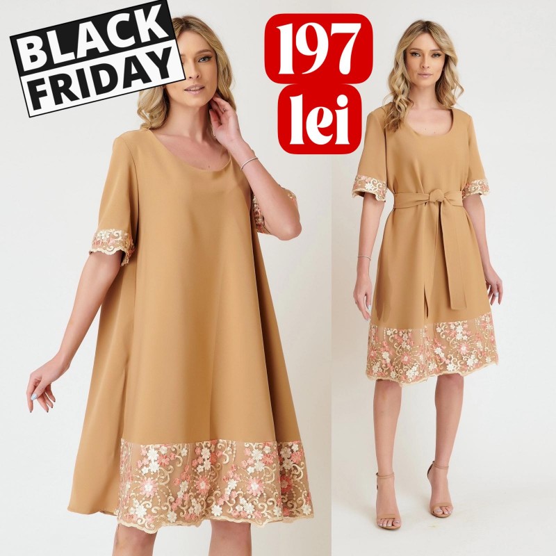 Rochie crem cu croi lejer si dantela brodata