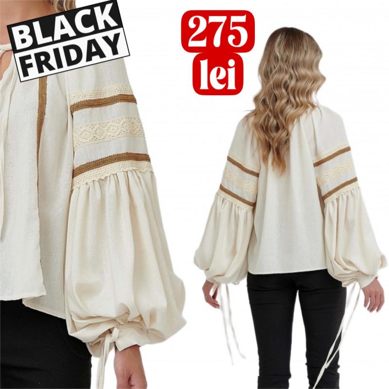 IE Nationala moderna din in natural, crem, cu maneci bufante si dantela brodata