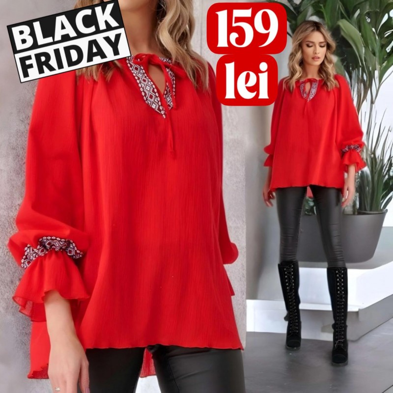 Bluza Nationala rosie din panza topita cu maneci evazate si motive geometrice